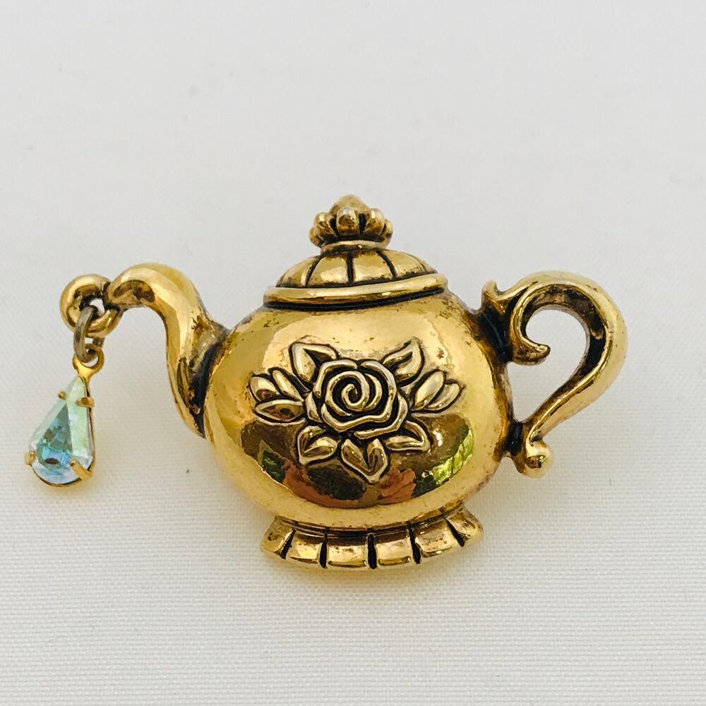 Vintage Avon Gold Tone Teapot Brooch-  Rose - Crystal - Vintage Tea Lover Pin